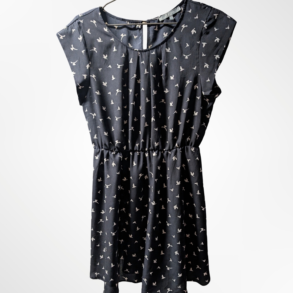 Sweet Rain Charcoal and Ivory Bird Pattern Mini Dress